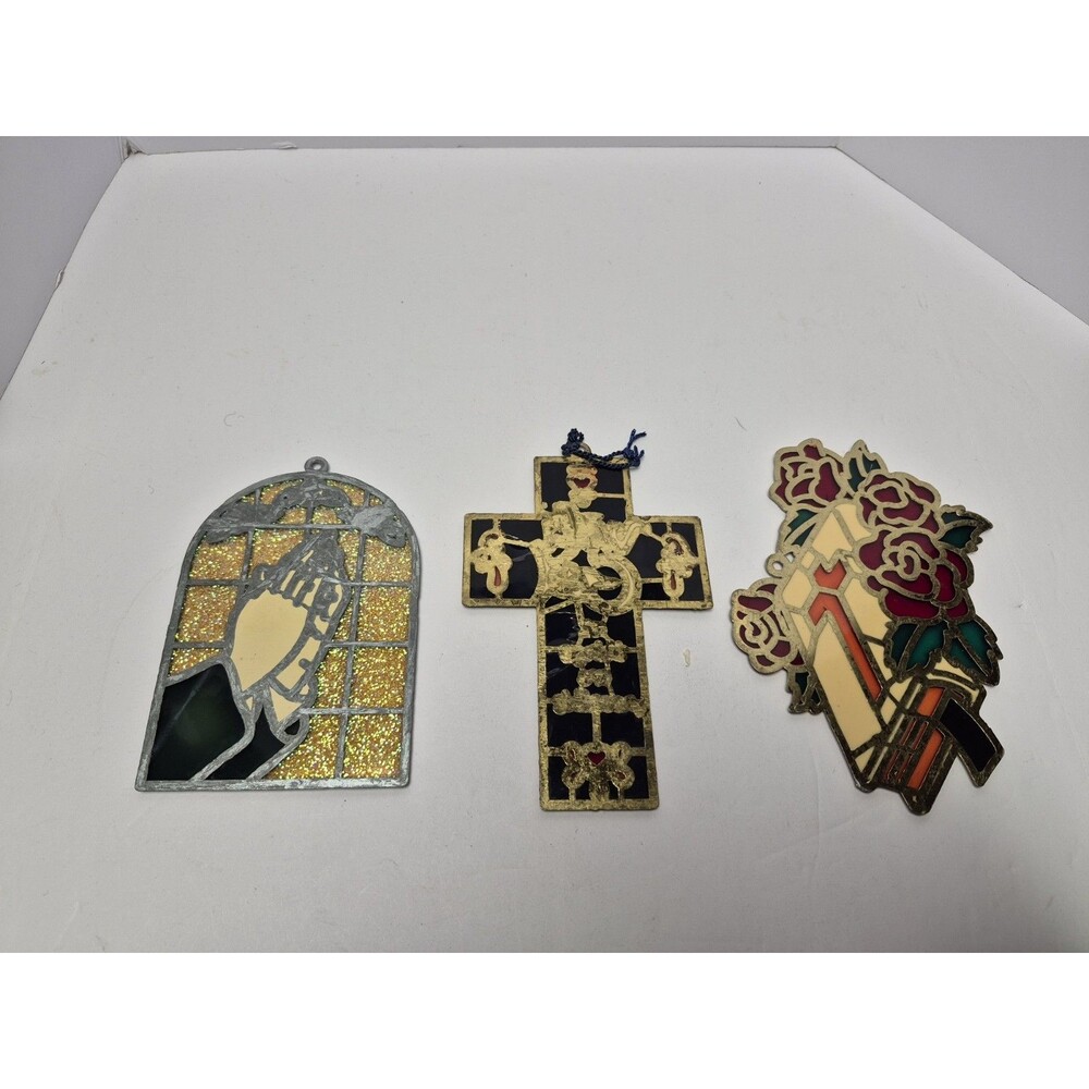 Vintage 3 PC Religious Prayer Cross Suncatcher Window Hangings